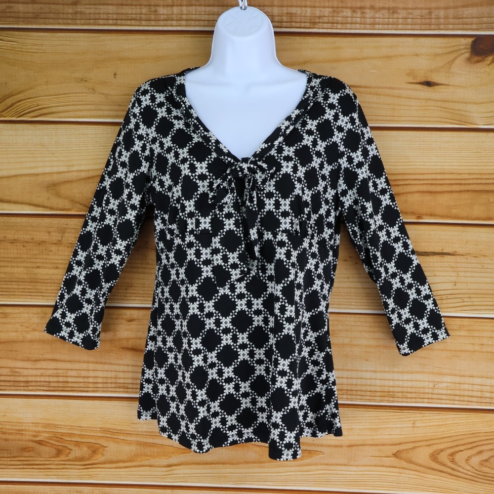 Caribe 3/4 Sleeve‎ Blouse Womens Size M Black White Geometric Stretch V-Neck Bow